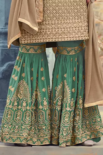 Beige georgette semi stitched wedding sharara kameez