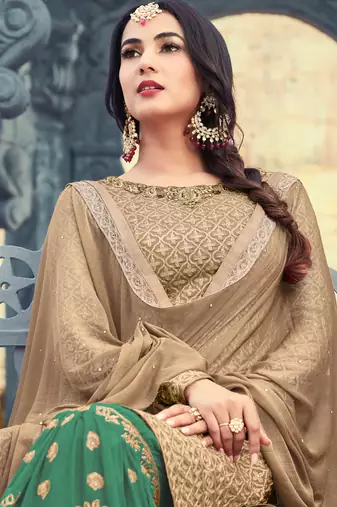 Beige georgette semi stitched wedding sharara kameez