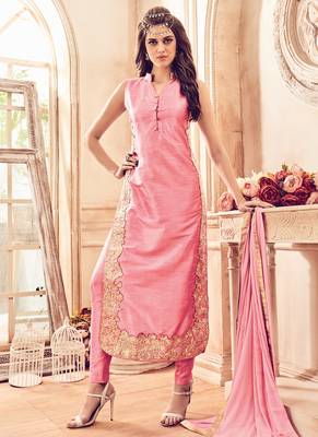 Pink silk semi stitched party pakistani suit 1