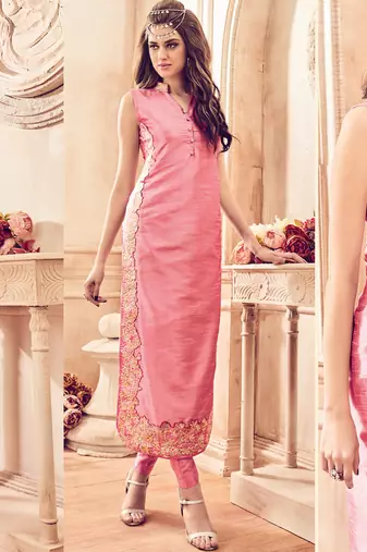 Pink silk semi stitched party pakistani suit