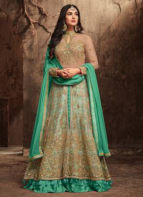 Beige net semi stitched wedding skirt kameez 1