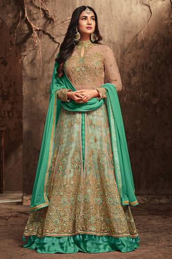 Beige net semi stitched wedding skirt kameez
