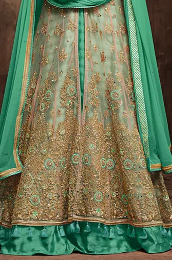 Beige net semi stitched wedding skirt kameez
