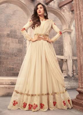 Cream net semi stitched wedding gown anarkali 1