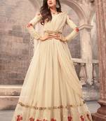 Cream net semi stitched wedding gown anarkali
