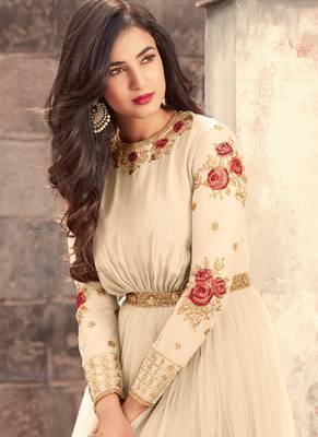 Cream net semi stitched wedding gown anarkali 2