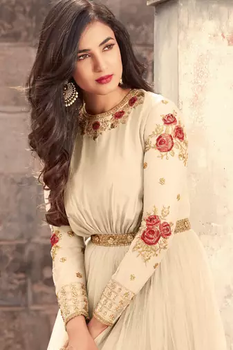 Cream net semi stitched wedding gown anarkali
