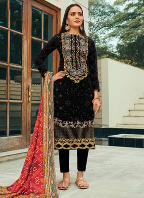 Black net semi stitched party straight cut suit 1