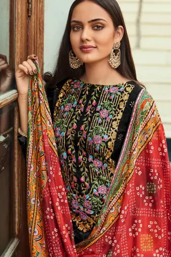 Black net semi stitched party straight cut suit