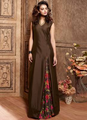 Brown silk semi stitched party gown suit 1