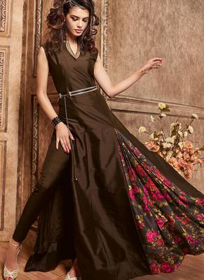 Brown silk semi stitched party gown suit 2