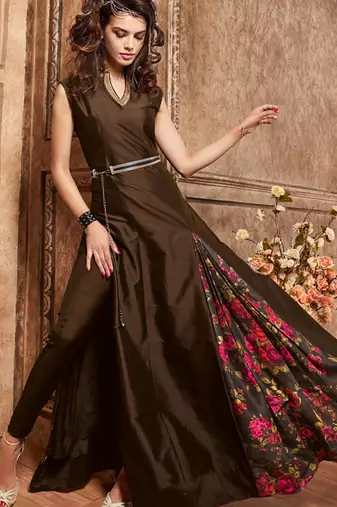 Brown silk semi stitched party gown suit