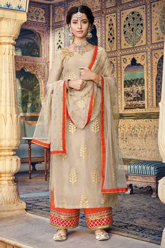Beige chanderi semi stitched party palazzo suit