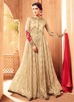 Beige jacquard silk semi stitched party gown anarkali 1