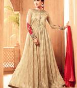 Beige jacquard silk semi stitched party gown anarkali