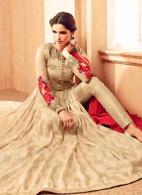 Beige jacquard silk semi stitched party gown anarkali 2