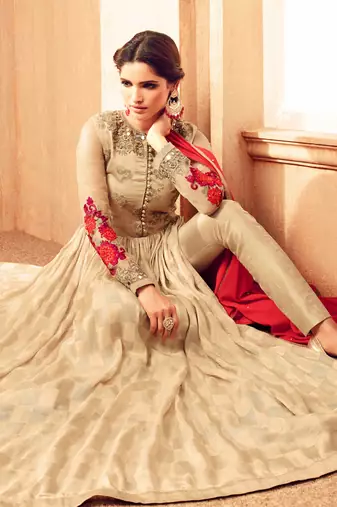 Beige jacquard silk semi stitched party gown anarkali