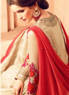 Beige jacquard silk semi stitched party gown anarkali 3