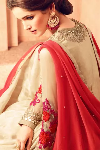 Beige jacquard silk semi stitched party gown anarkali