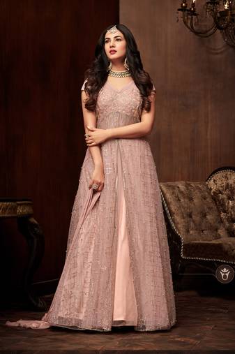 Pink net semi stitched party gown suit