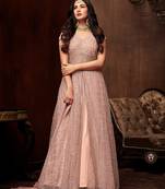 Pink net semi stitched party gown suit