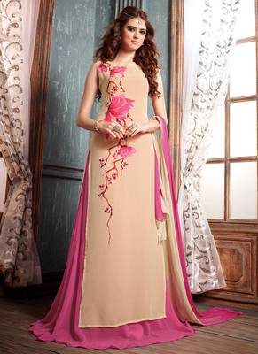 Beige georgette semi stitched party straight cut suit 1