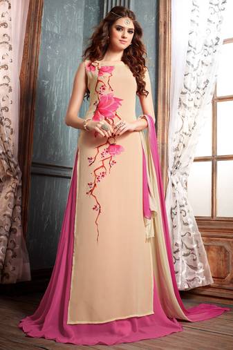 Beige georgette semi stitched party straight cut suit