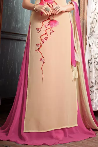 Beige georgette semi stitched party straight cut suit