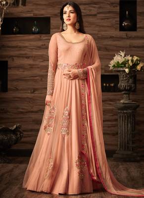 Peach net semi stitched party anarkali suit 1