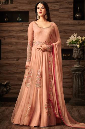 Peach net semi stitched party anarkali suit