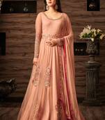 Peach net semi stitched party anarkali suit