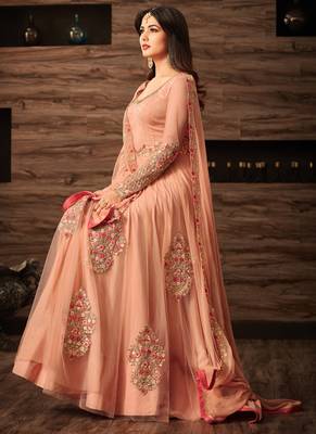 Peach net semi stitched party anarkali suit 2