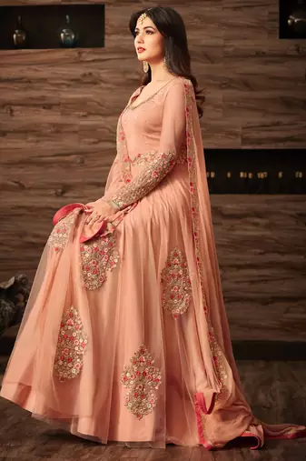 Peach net semi stitched party anarkali suit