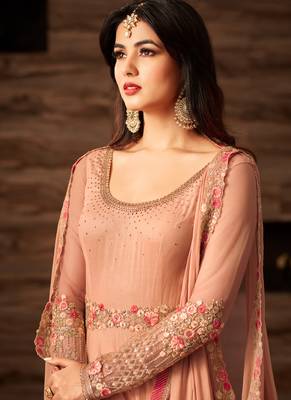 Peach net semi stitched party anarkali suit 3