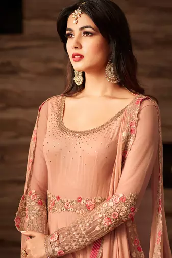 Peach net semi stitched party anarkali suit