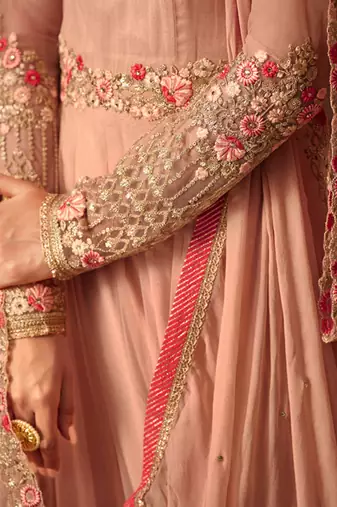 Peach net semi stitched party anarkali suit