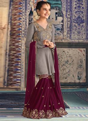Grey georgette semi stitched party kids sharara kameez 1