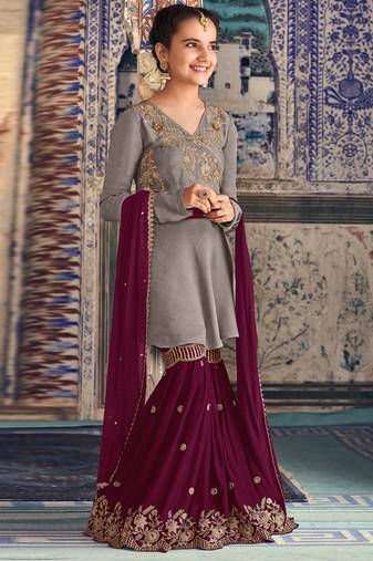 Grey georgette semi stitched party kids sharara kameez