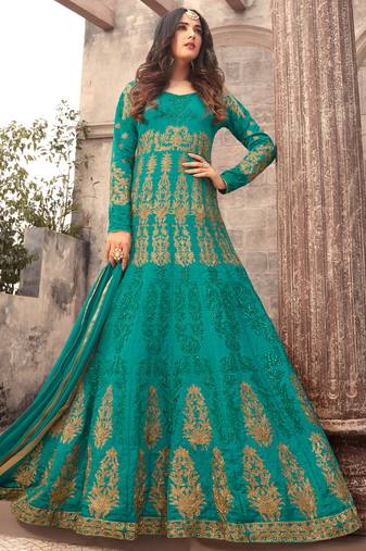 Green silk semi stitched party anarkali churidar