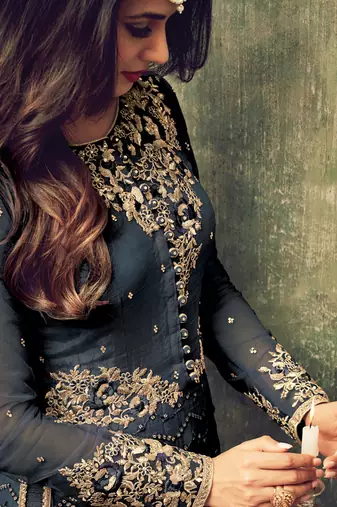 Blue net semi stitched party pakistani shalvar suit