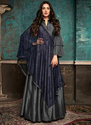 Grey silk semi stitched party gown anarkali 1