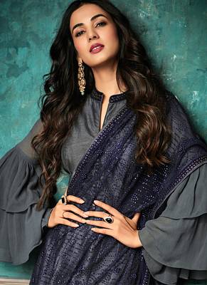 Grey silk semi stitched party gown anarkali 2