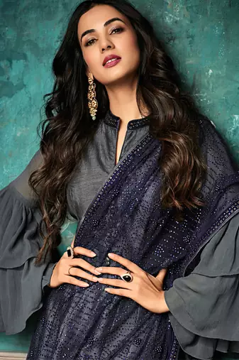 Grey silk semi stitched party gown anarkali