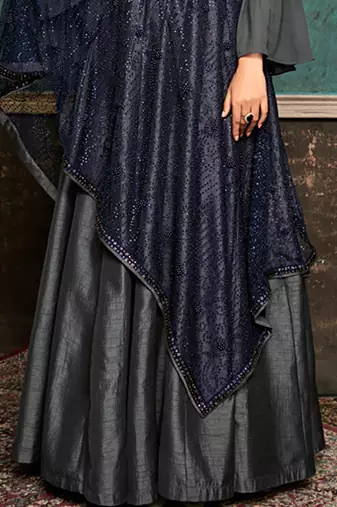 Grey silk semi stitched party gown anarkali