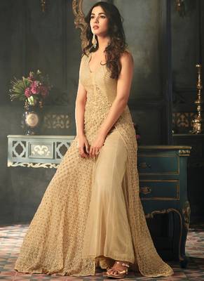 Beige net semi stitched party pakistani suit 1