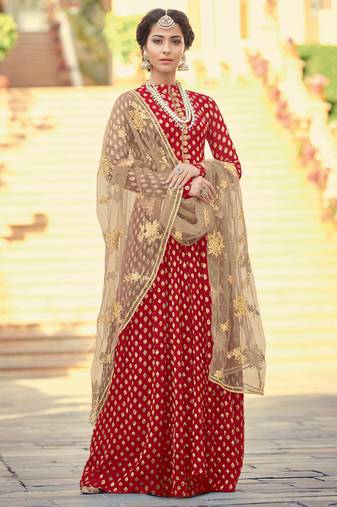 Red viscose jacquard semi stitched party gown