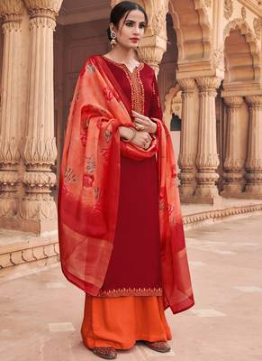 Red satin silk semi stitched party palazzo suit 1