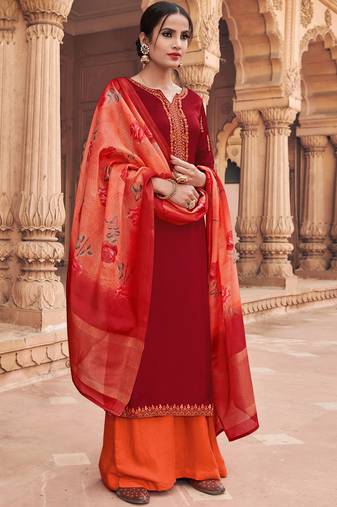 Red satin silk semi stitched party palazzo suit