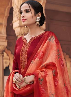 Red satin silk semi stitched party palazzo suit 2