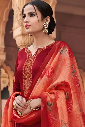 Red satin silk semi stitched party palazzo suit
